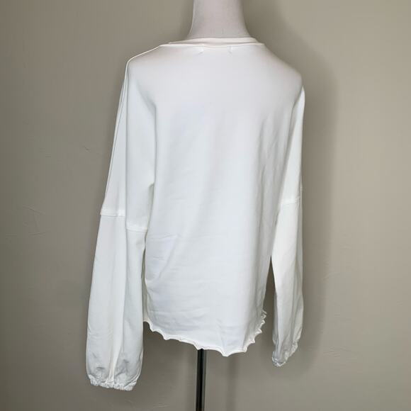 White Henley Shirt Full Gathered Sleeve Lettuce Hem Top Sz Medium - Picture 2 of 9